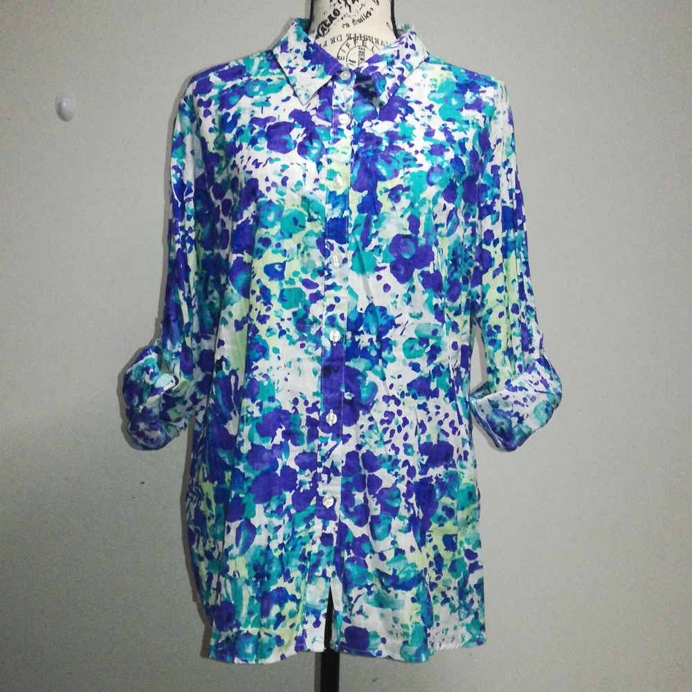 White Stag Collared Print Long Sleeve Tops  Size XL /XG 100 % Cotton Multicolor